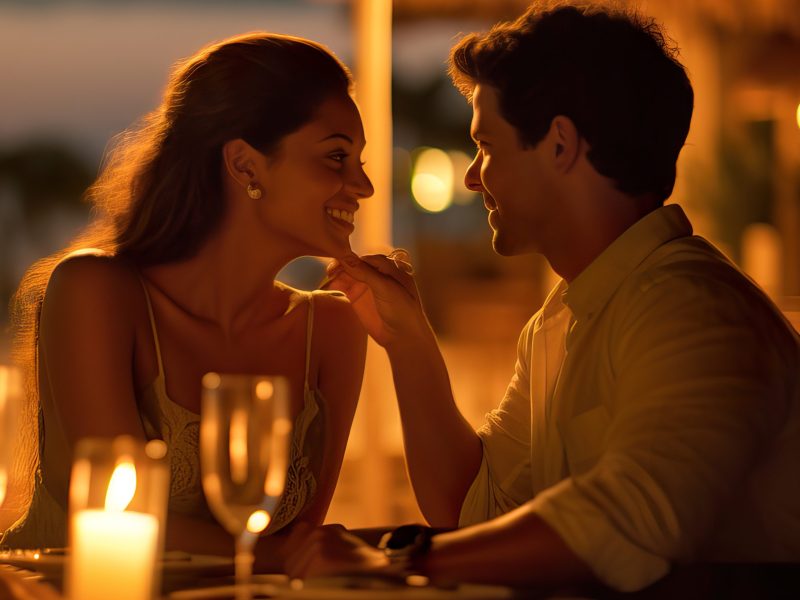 A fictional person. Romantic Candlelit Dinner for Two on Beachfront Terrace